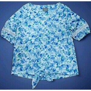 Cottagecore Lace Tie Front Blouse S Blue Floral Berkley Jensen Lightweight Top